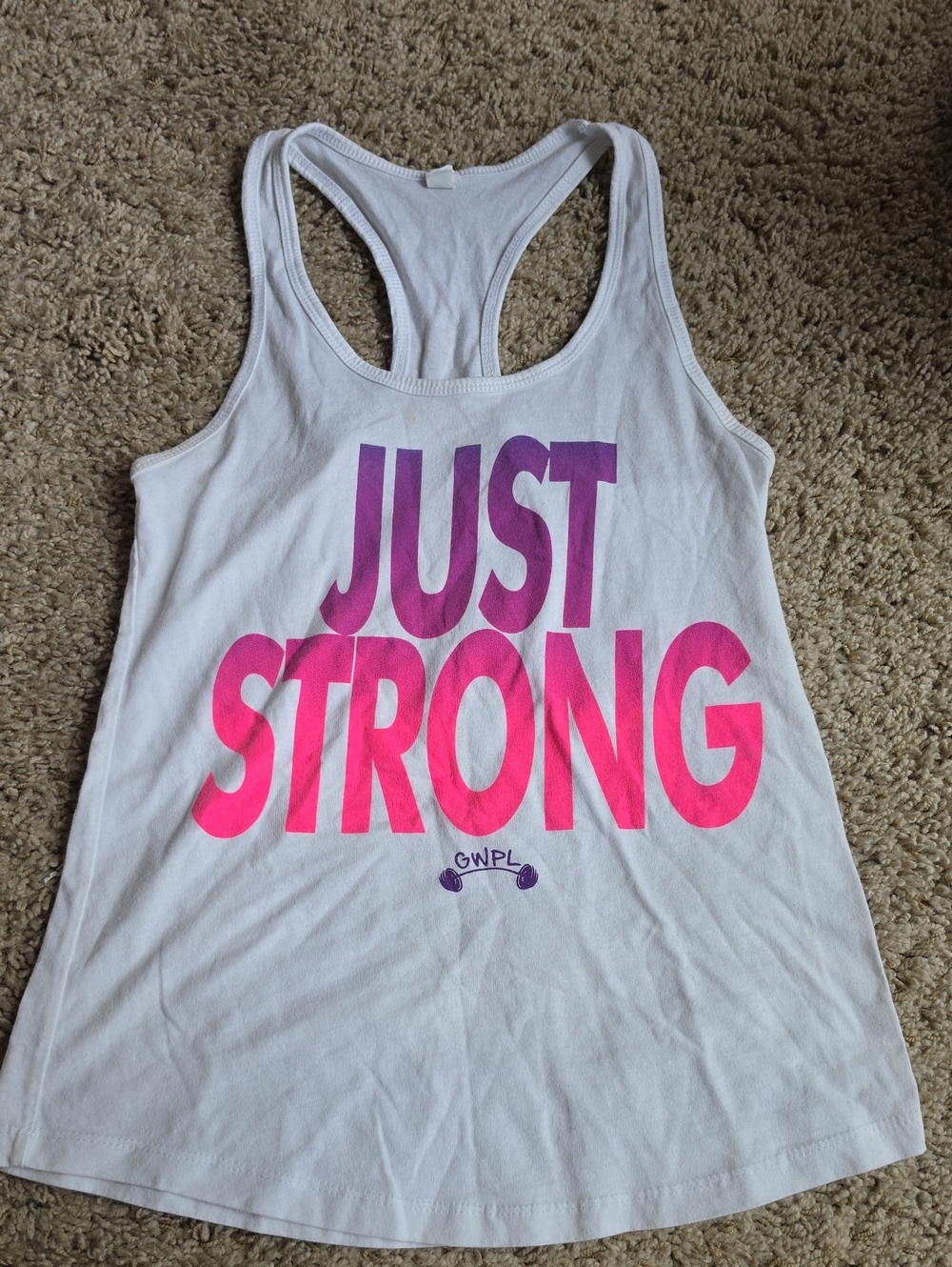 White Racerback Tank with Pink 'JUST STRONG' Graphic